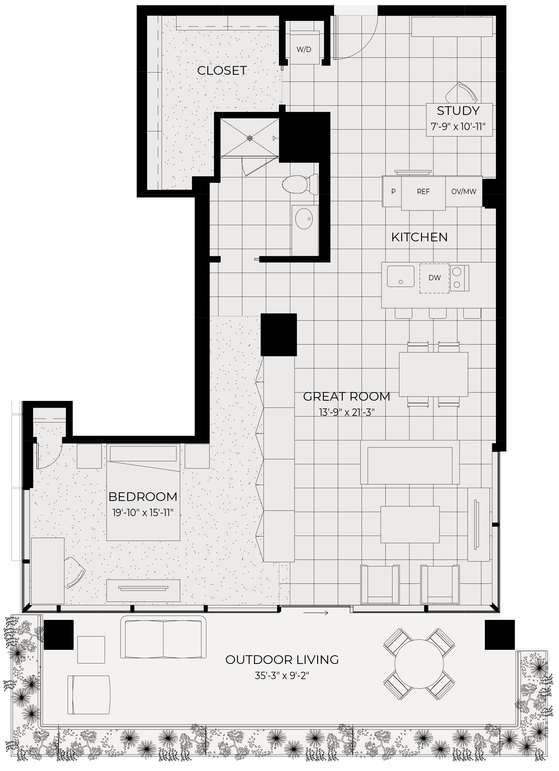 Floor plan for 1 bed, 1 bath, 933 sqft